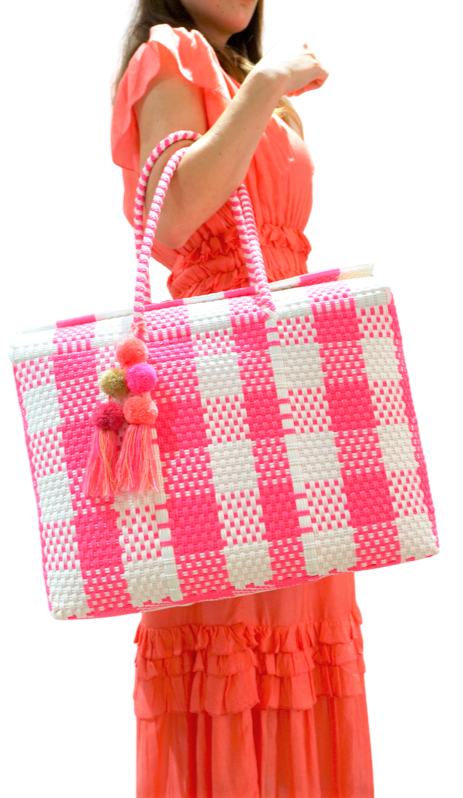 
                
                    Load image into Gallery viewer, Bombon Tote Hot Pink / White Plaid
                
            