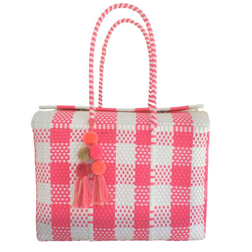 
                
                    Load image into Gallery viewer, Bombon Tote Hot Pink / White Plaid
                
            